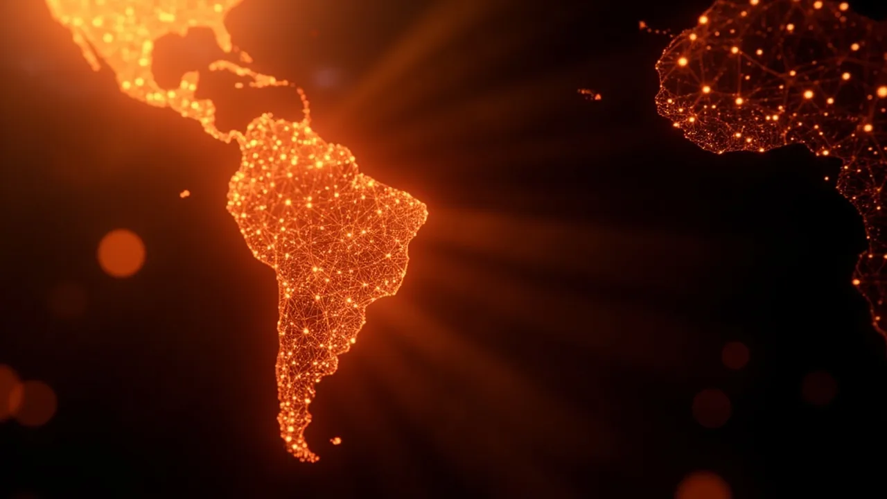 Imagen simbólica: un mapa de Latinoamérica con nodos de IA y señales de búsqueda geográfica