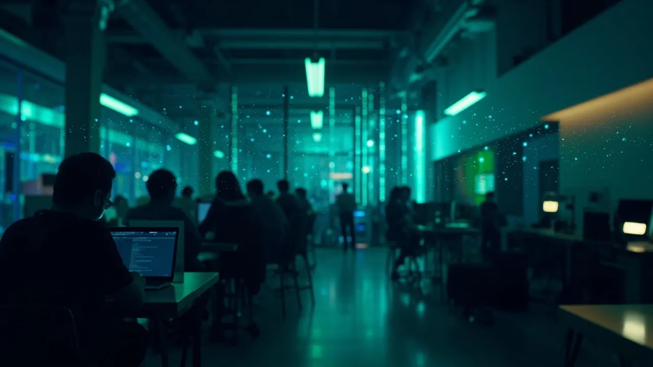 Equipo de profesionales trabajando con laptops en un espacio de coworking moderno en Latinoamérica, luz diurna suave.