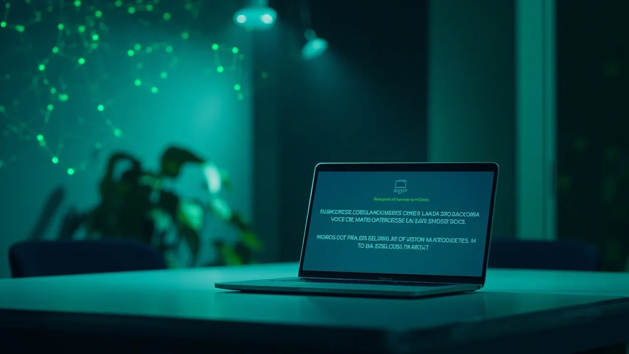 Oficina latinoamericana moderna con un laptop mostrando un aviso de privacidad, luz diurna suave.