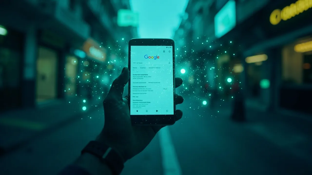 Calle latinoamericana con un smartphone mostrando un resultado de búsqueda local de Google en español, luz diurna.